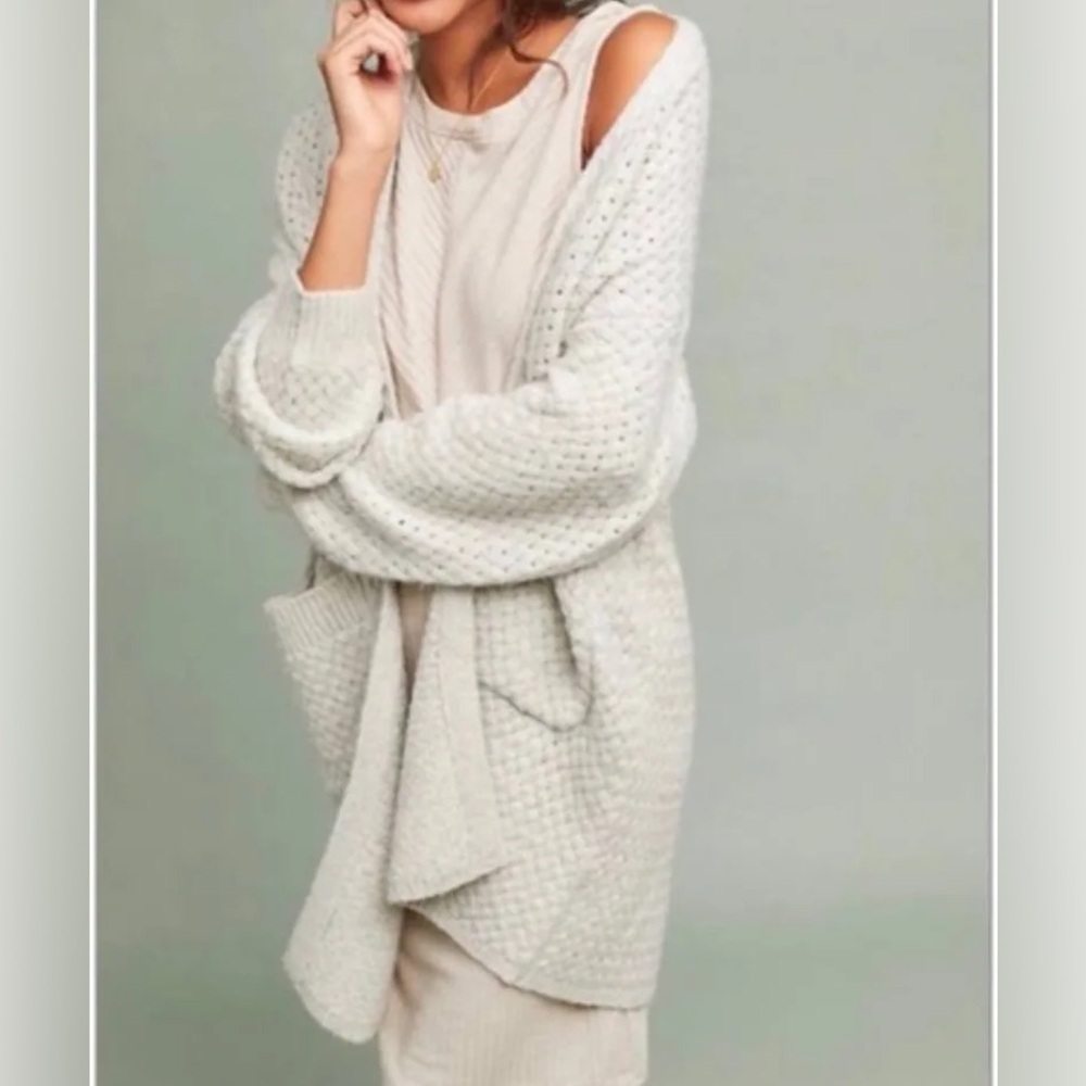 Anthropologie Moth Woven Wool Blend Long Open Cardigan Basket Weave